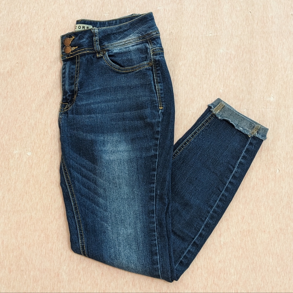 Encore Double Button Rolled Cuff Cropped Blue Skinny Jeans